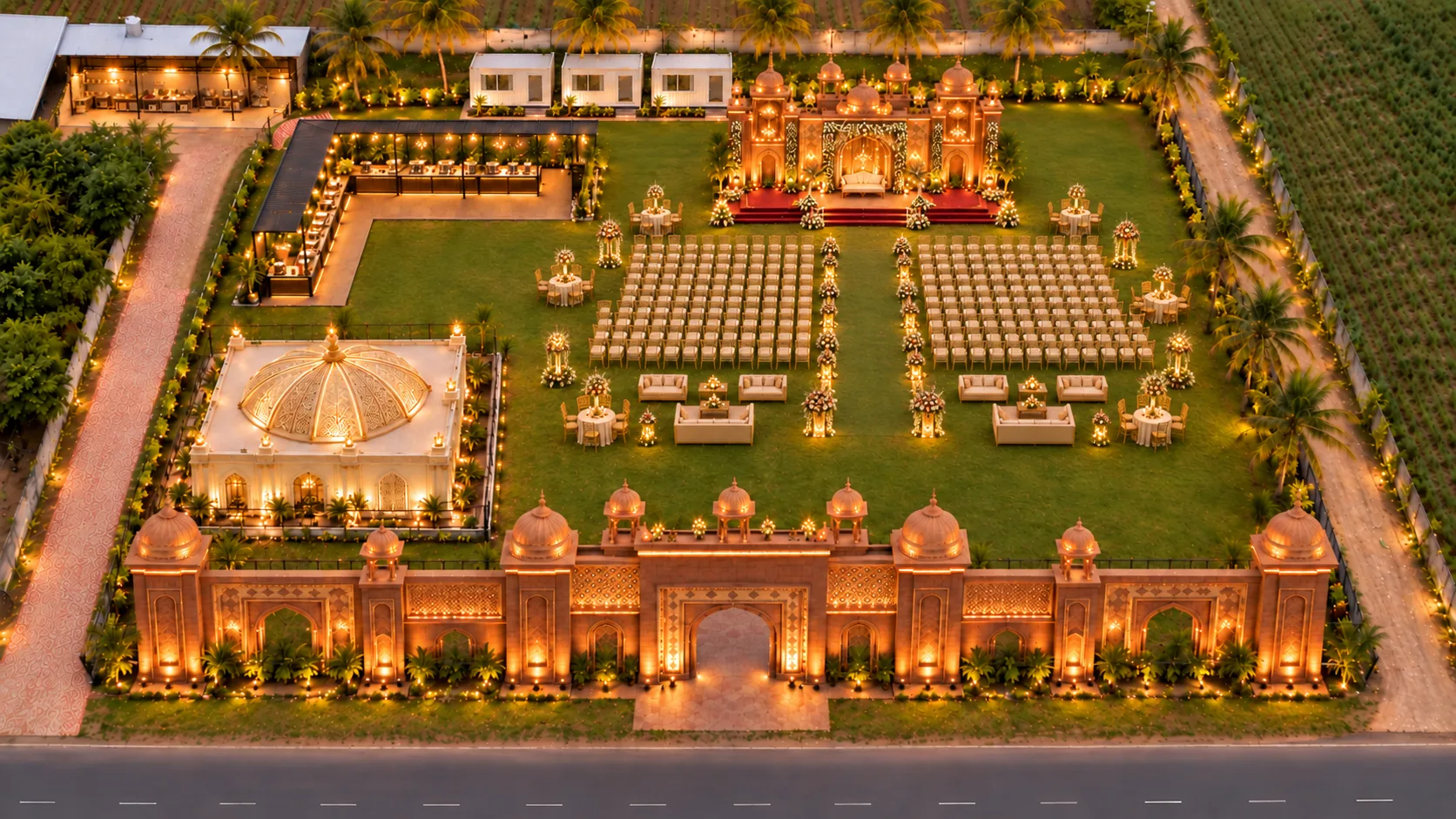 Concept aerial view of Dharmraj Party Plot, with the main entrance along the road, lawn seating, a stage at the far side, and a domed pavilion